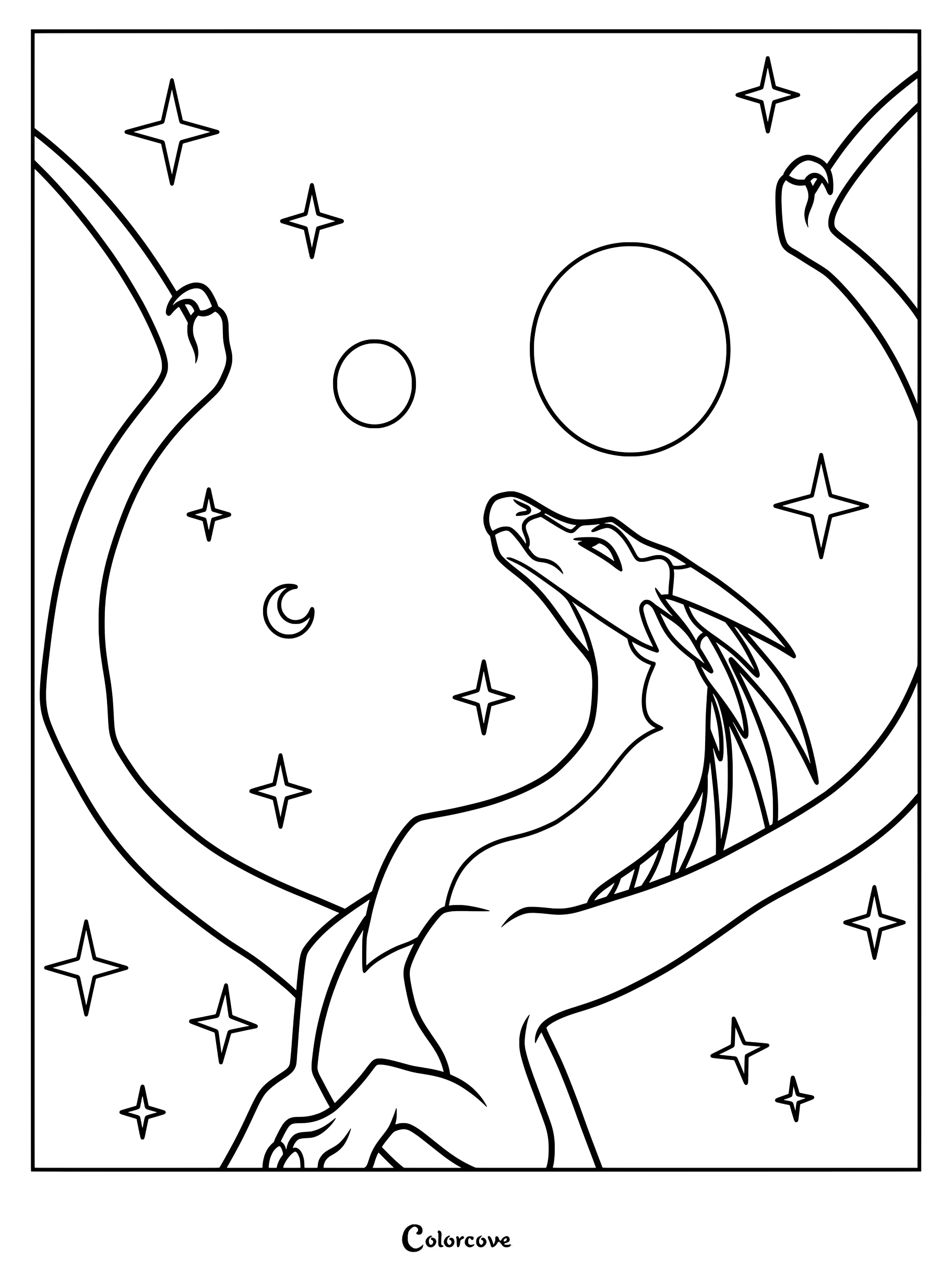 Página para colorear de Whiteout de Alas de Fuego con el dragón mirando las lunas y las estrellas.