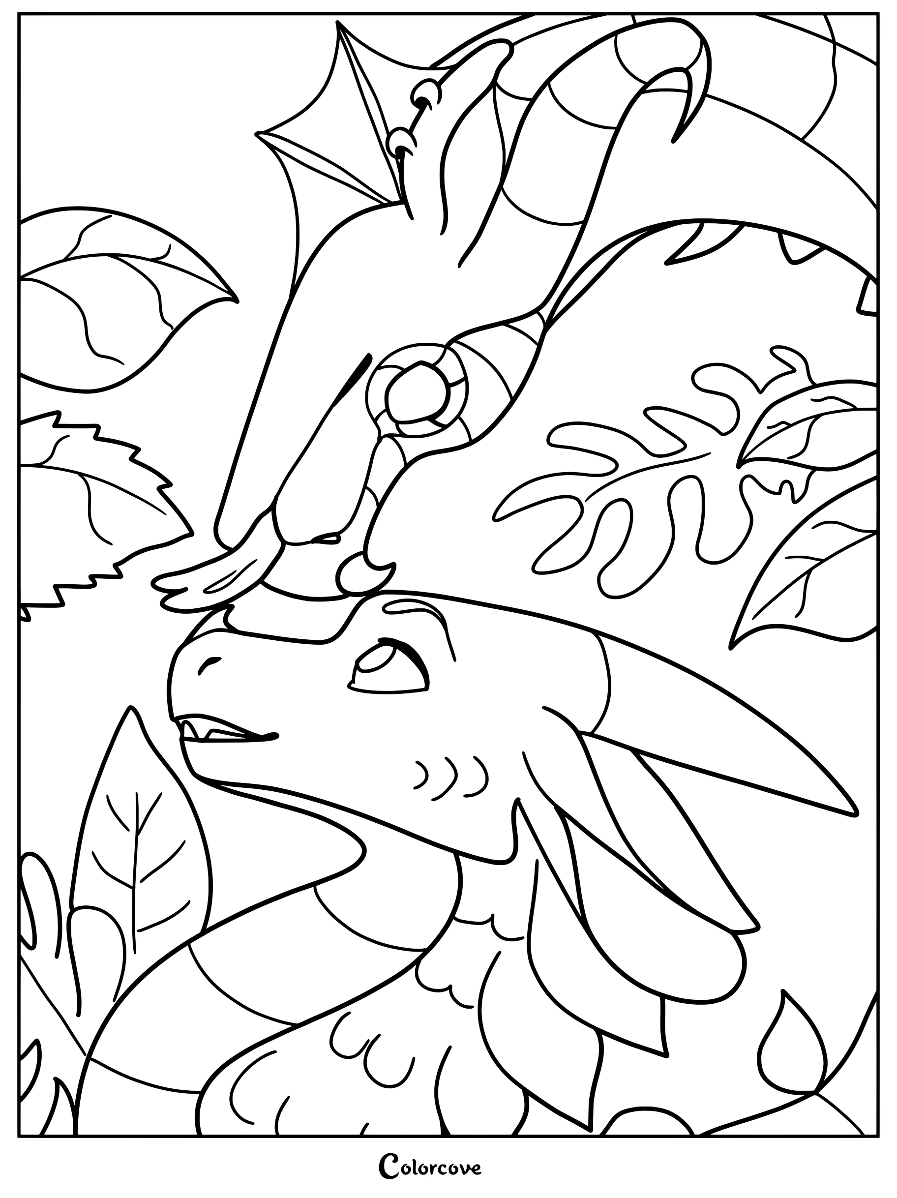 Página para colorear de Alas de Fuego con Winter y Kinkajou interactuando entre exuberantes hojas de la selva.