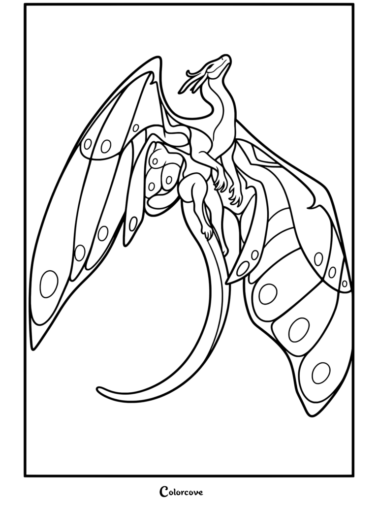 Coloriage Les Royaumes de Feu représentant Blue toutes ailes de soie déployées.