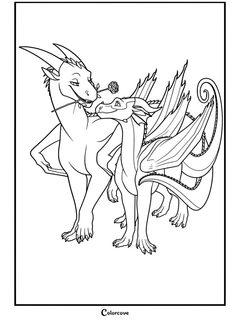 Coloriage Les Royaumes de Feu de Glory et Deathbringer avec une rose.