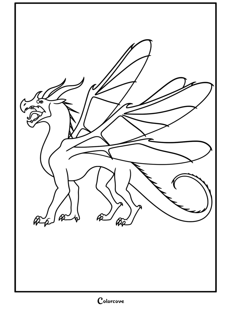 Coloriage d'un Aile de Guêpe dans Les Royaumes de Feu, représentant le dragon insectoïde à quatre ailes, cornes recourbées et queue épineuse.