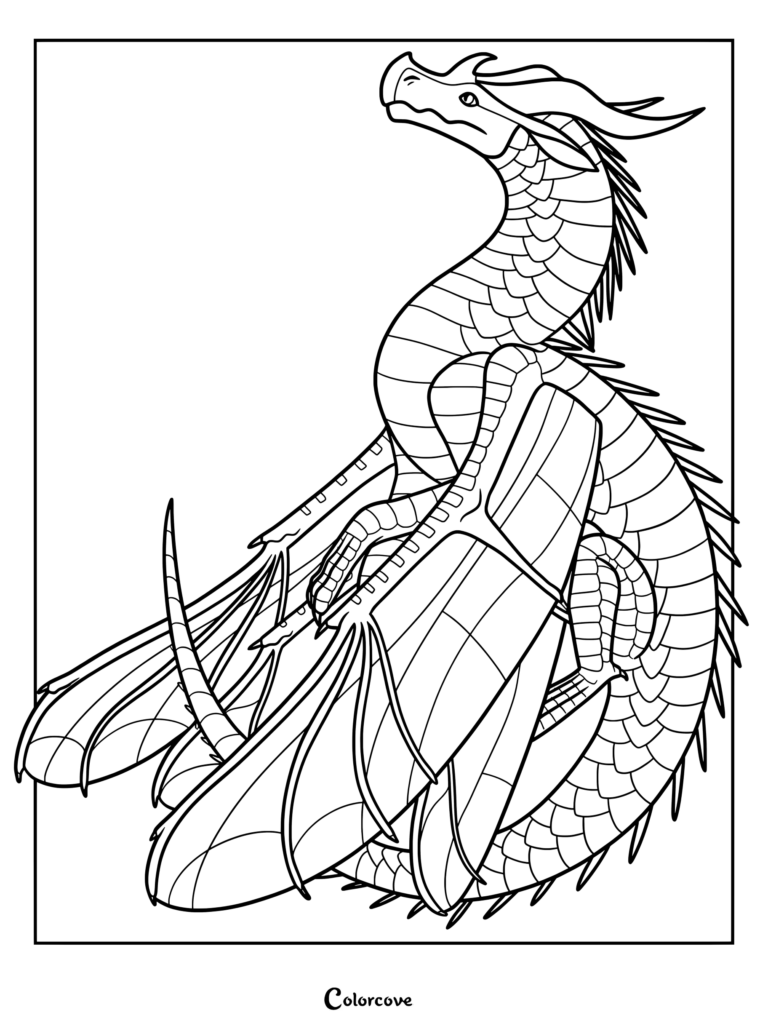 Page de coloriage de Grillon des Royaumes de Feu, représentant un dragon détaillé aux écailles complexes et aux ailes repliées.