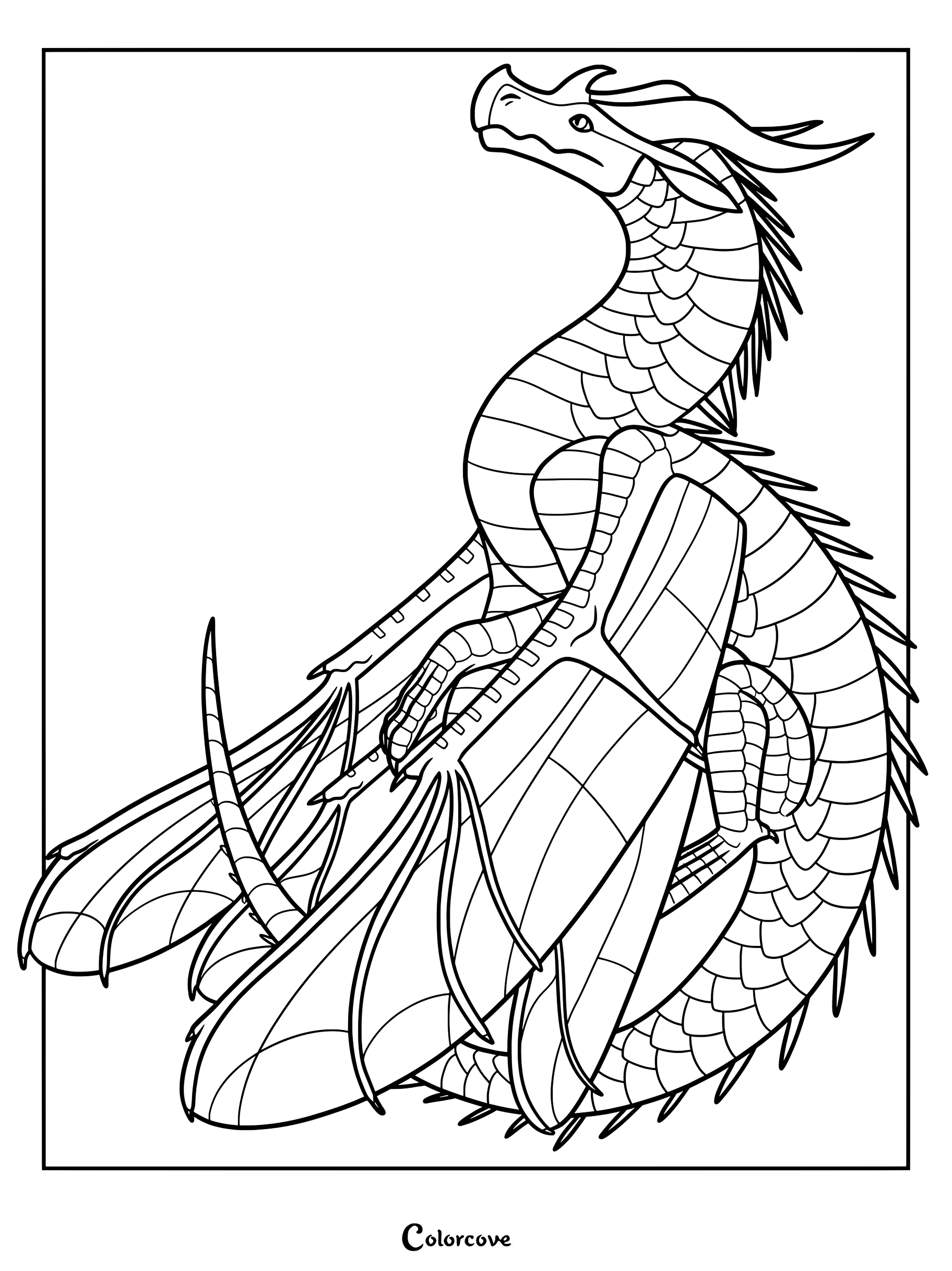 Dibujo para colorear del personaje Darkstalker de Alas de Fuego en una poderosa pose agachada.