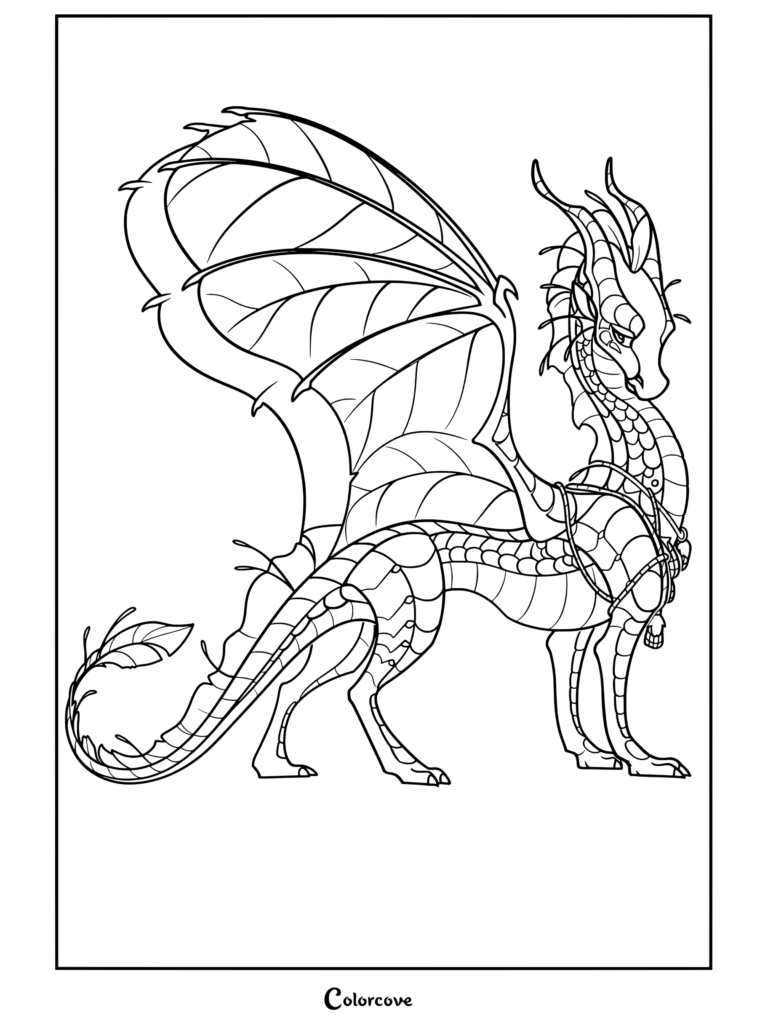 Coloriage d'un Aile de Feuille présentant un dragon détaillé issu de la saga Les Royaumes de Feu.