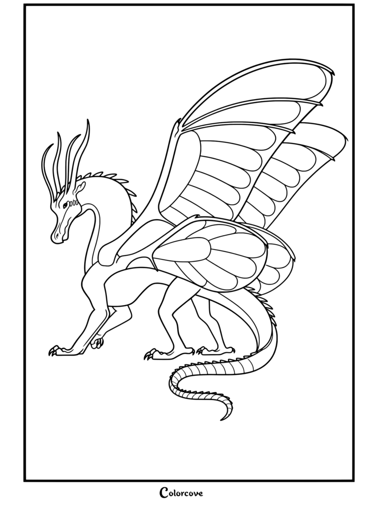 Coloriage d'un Aile de Soie dans Les Royaumes de Feu, montrant le dragon avec des ailes segmentées et de longues antennes.