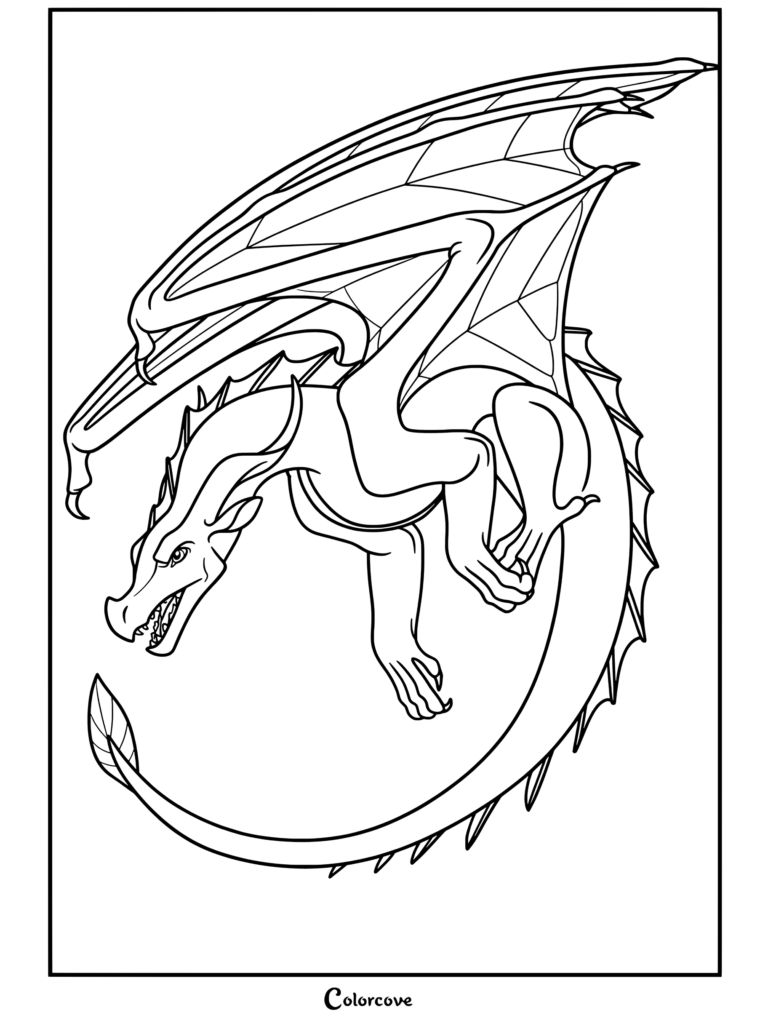 Coloriage de Drosera dans Les Royaumes de Feu, représentant la dragonne Aile de Feuille en vol avec les ailes déployées et la queue enroulée.