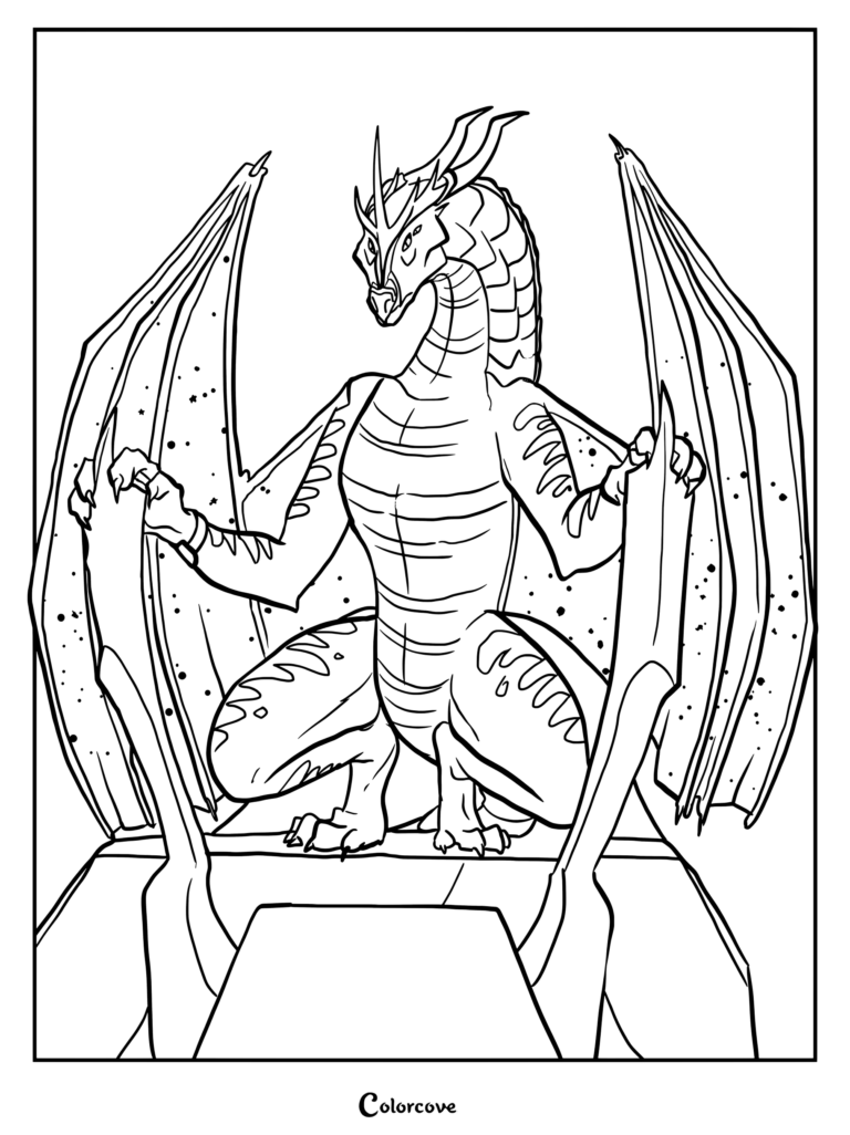 Coloriage de Darkstalker de Les Royaumes de Feu perché avec de massives ailes ornées de motifs étoilés grand ouvertes.