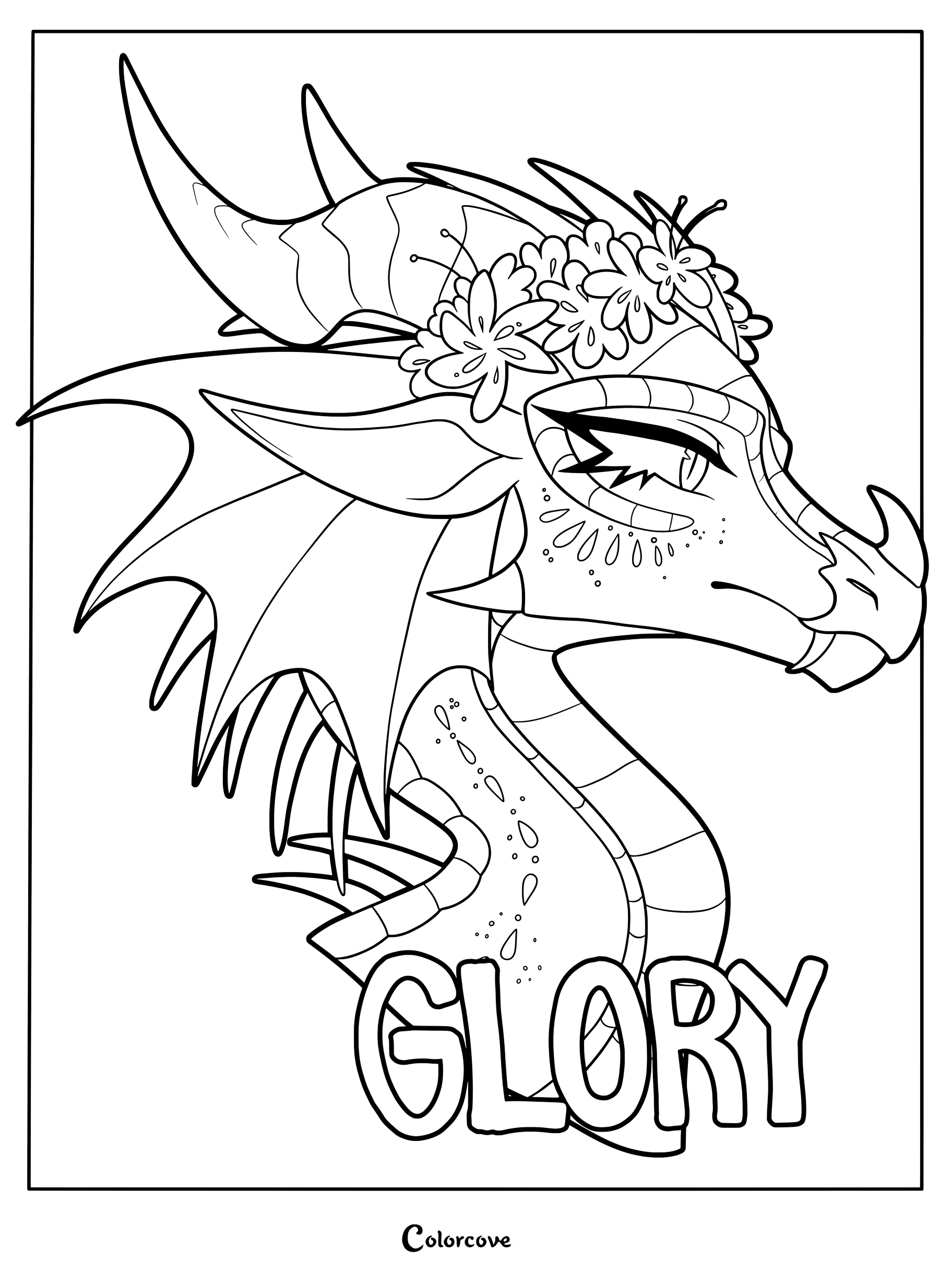 Dibujo para colorear detallado de Ala de Hielo de Alas de Fuego que muestra un dragón de cuerpo entero con cola con púas y grandes alas.