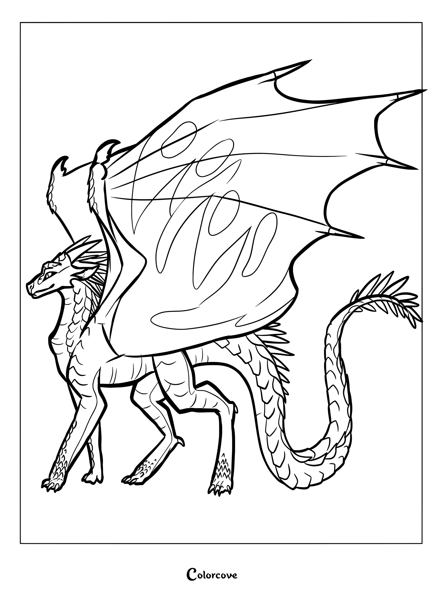 Dibujo para colorear de dragón Ala de Hielo de Alas de Fuego con grandes alas y cola con púas.