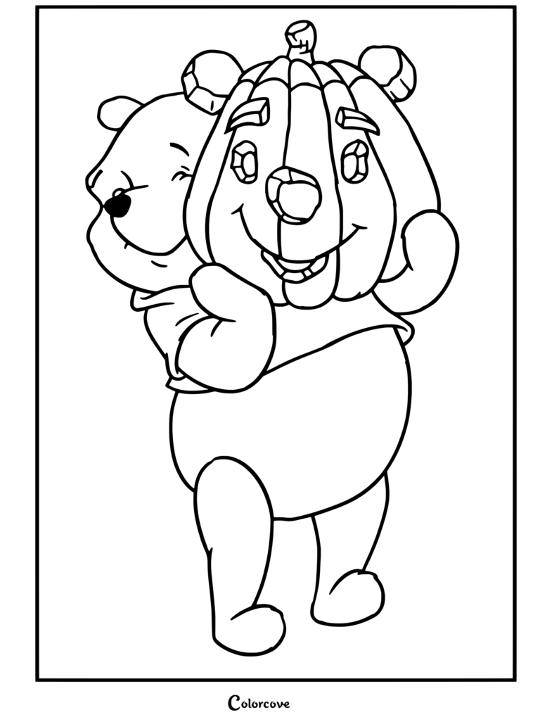 Dibujo para colorear de Winnie The Pooh usando máscara de calabaza para niños