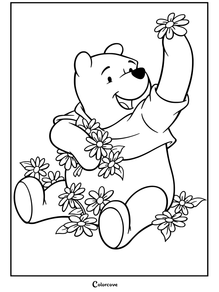 Dibujo para colorear de Pooh sosteniendo margaritas con el alegre oso recogiendo flores.