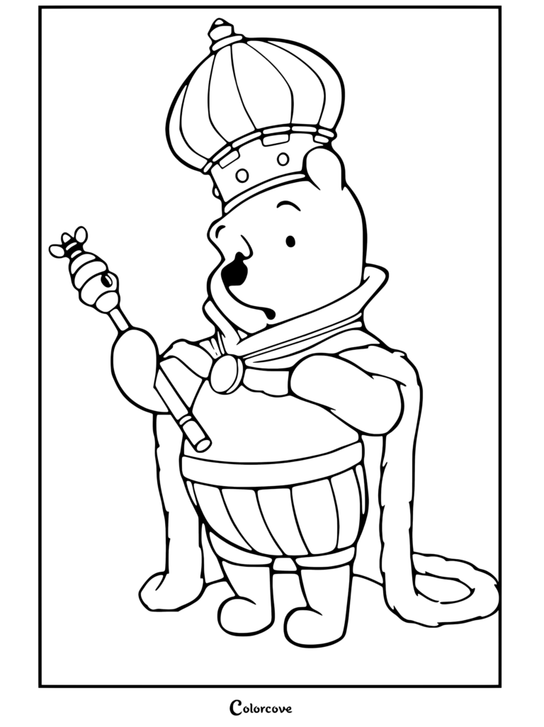 El dibujo para colorear de Pooh con disfraz de rey presenta a Winnie The Pooh vestido como un majestuoso rey con corona y capa mientras sostiene un cetro.