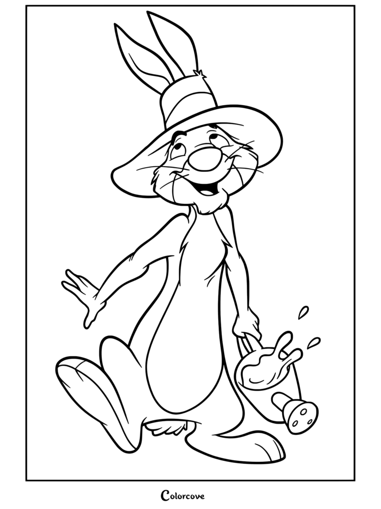 Conejo de Winnie The Pooh usando un sombrero para el sol y cargando una regadera con agua salpicando en este dibujo para colorear imprimible gratuito.