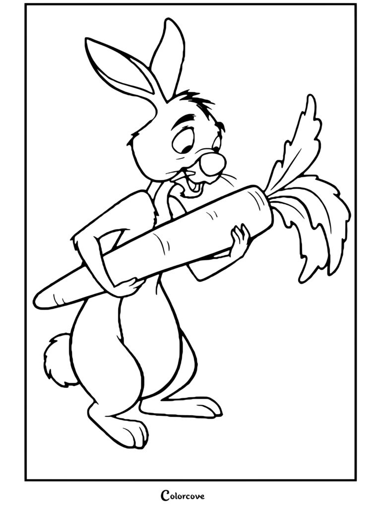 Conejo sosteniendo una gran zanahoria naranja con hojas verdes mirándola fijamente de manera sospechosa, dibujo para colorear terminado con los personajes de Winnie The Pooh