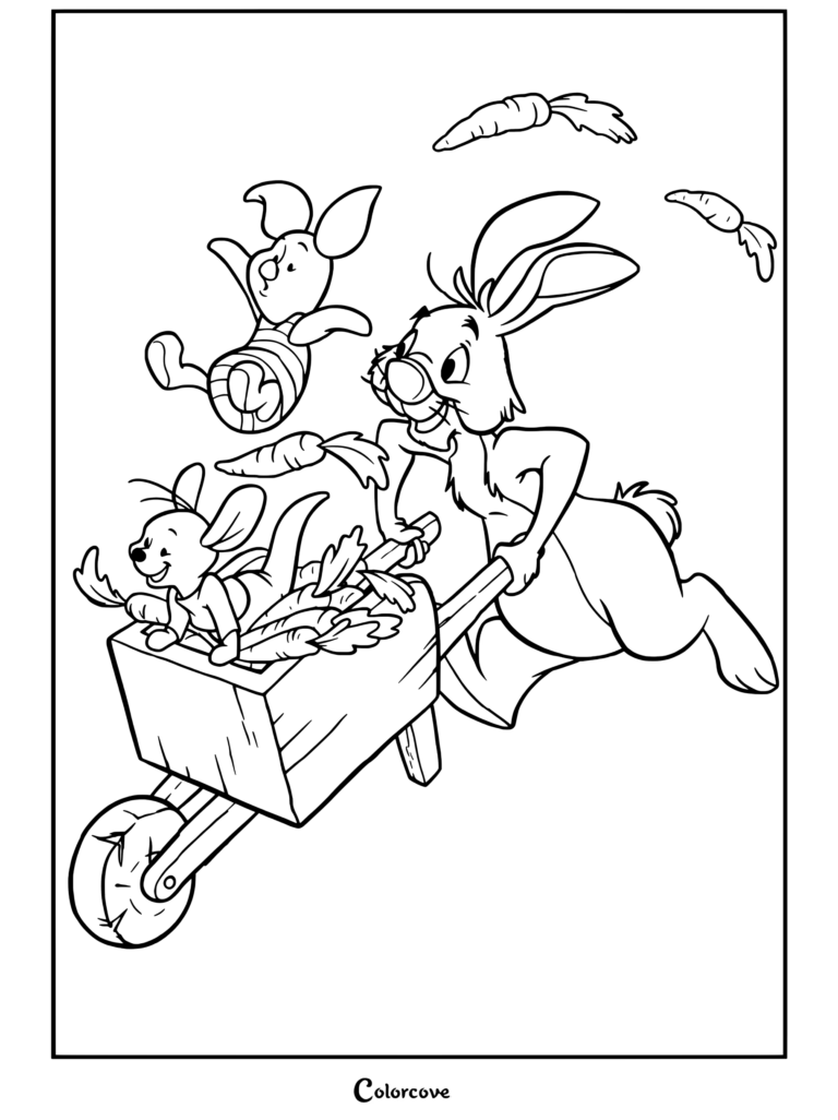 Conejo empujando una carretilla llena de zanahorias con Rito dentro y Piglet flotando arriba en este dibujo para colorear de Winnie The Pooh