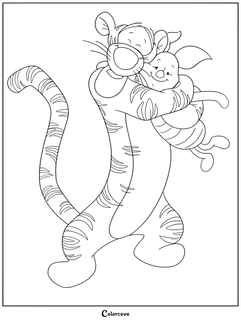 Tigger abrazando a Piglet en un abrazo alegre en este dibujo para colorear de Winnie The Pooh.