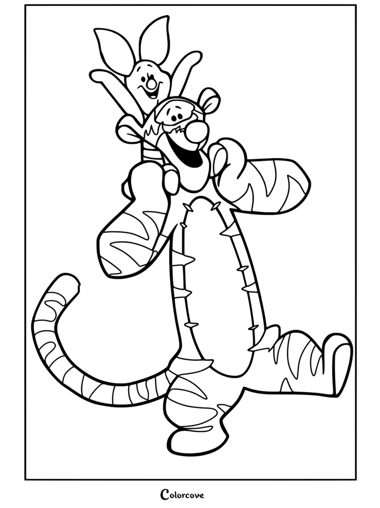 Un divertido dibujo para colorear de Winnie The Pooh que presenta a Tigger cargando a Piglet sobre sus hombros y saltando alegremente.