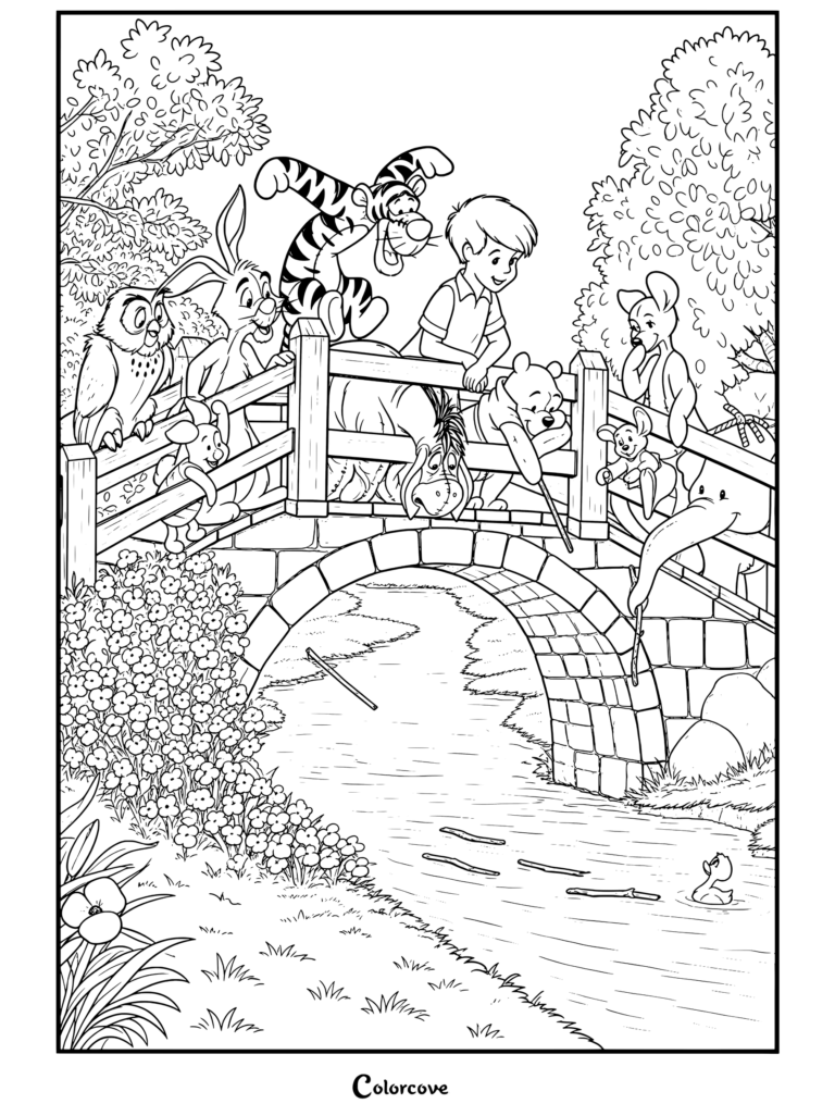 Dibujo para colorear de Winnie The Pooh y sus amigos jugando al pon-pon en un puente sobre un arroyo