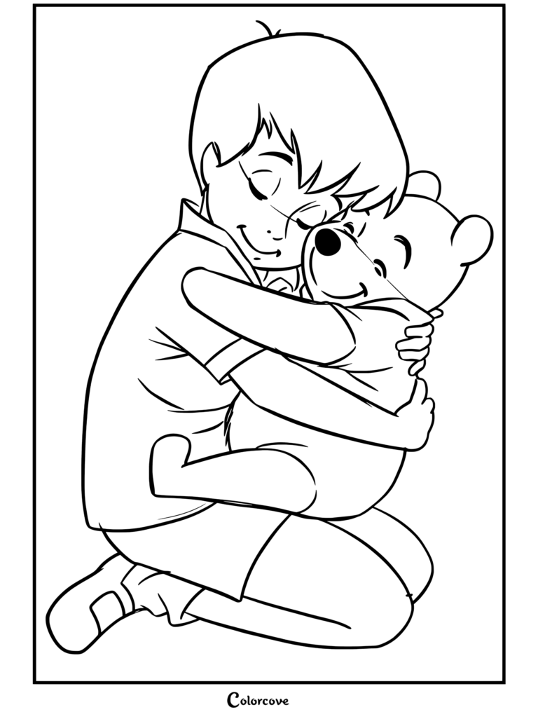 Christopher Robin abrazando fuertemente a Winnie The Pooh mientras está arrodillado en el suelo, dibujo para colorear.