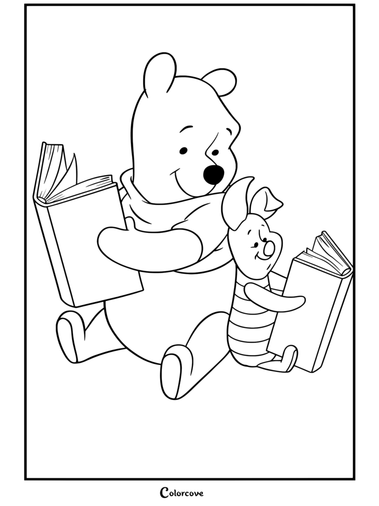 Dibujo para colorear de Winnie The Pooh y Piglet sentados espalda con espalda leyendo libros