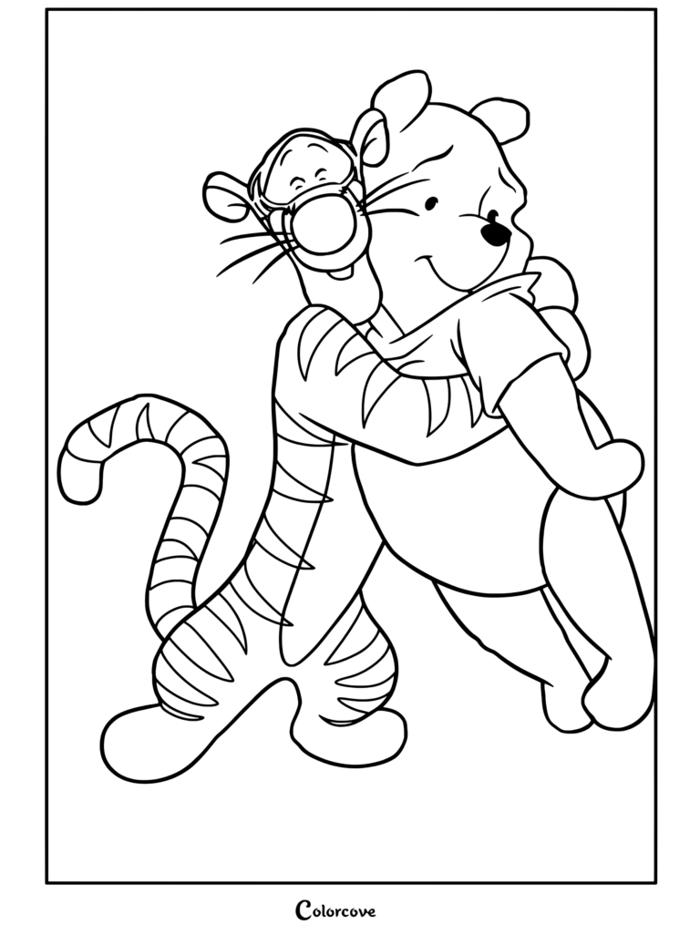 Dibujo para colorear de Winnie The Pooh y Tigger abrazándose cálidamente.