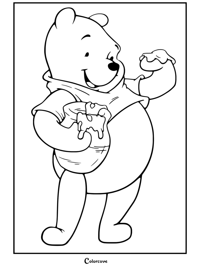 Dibujo para colorear de Winnie The Pooh comiendo miel de un tarro azul y sonriendo