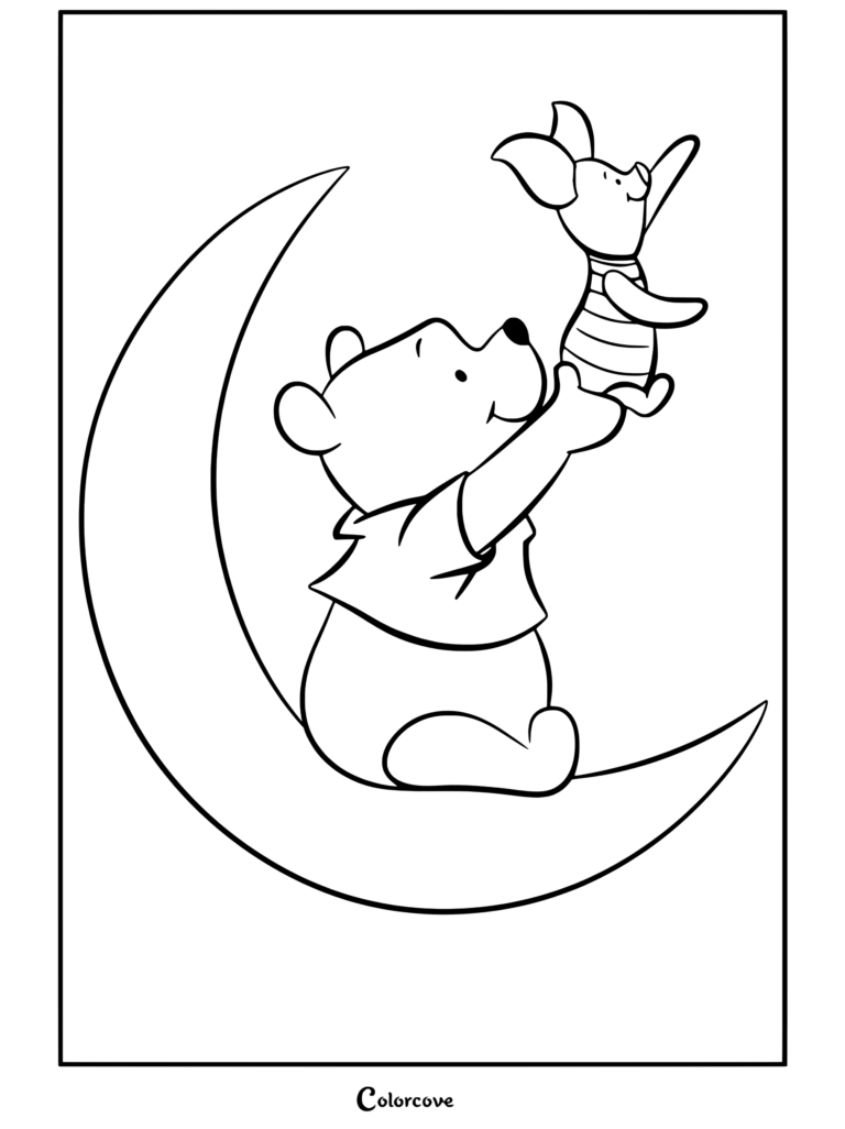 Winnie The Pooh sosteniendo a Piglet en alto mientras está sentado en una luna creciente, dibujo para colorear