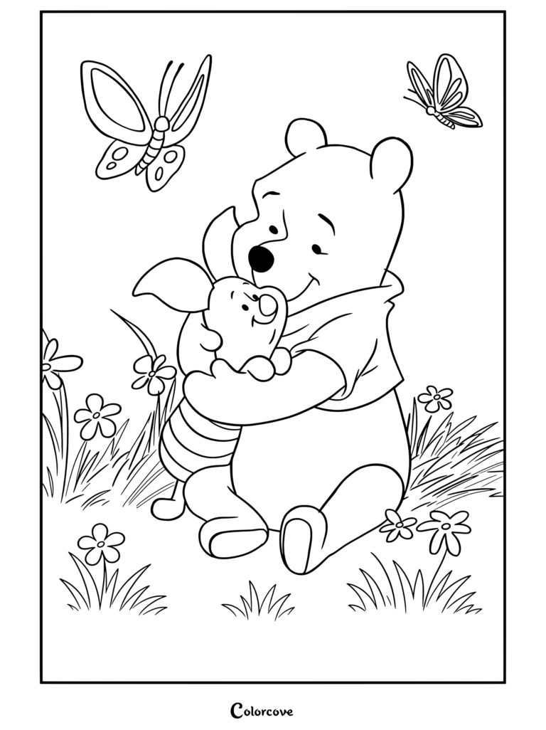 Dibujo para colorear imprimible de Winnie The Pooh abrazando a Piglet en un prado de hierba con mariposas.