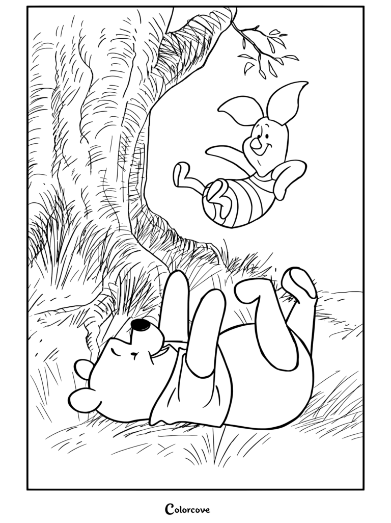 Dibujo para colorear de Winnie The Pooh que presenta a Winnie The Pooh tumbado boca arriba riendo mientras Piglet cae de un árbol