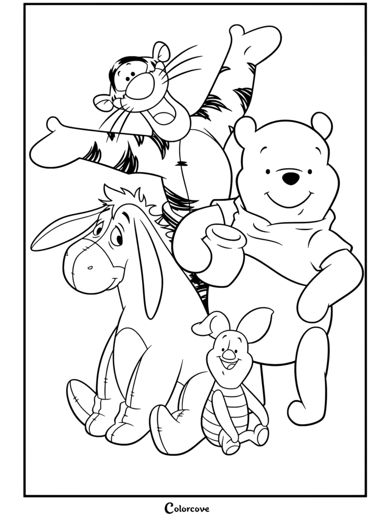 Dibujo de Winnie The Pooh para colorear con Tigger, Igor y Piglet de pie juntos sonriendo.