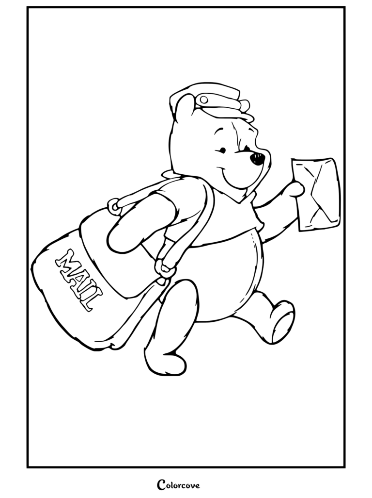 Dibujo para colorear imprimible de Winnie The Pooh usando un sombrero de cartero, cargando un bolso de correo y sosteniendo una carta.