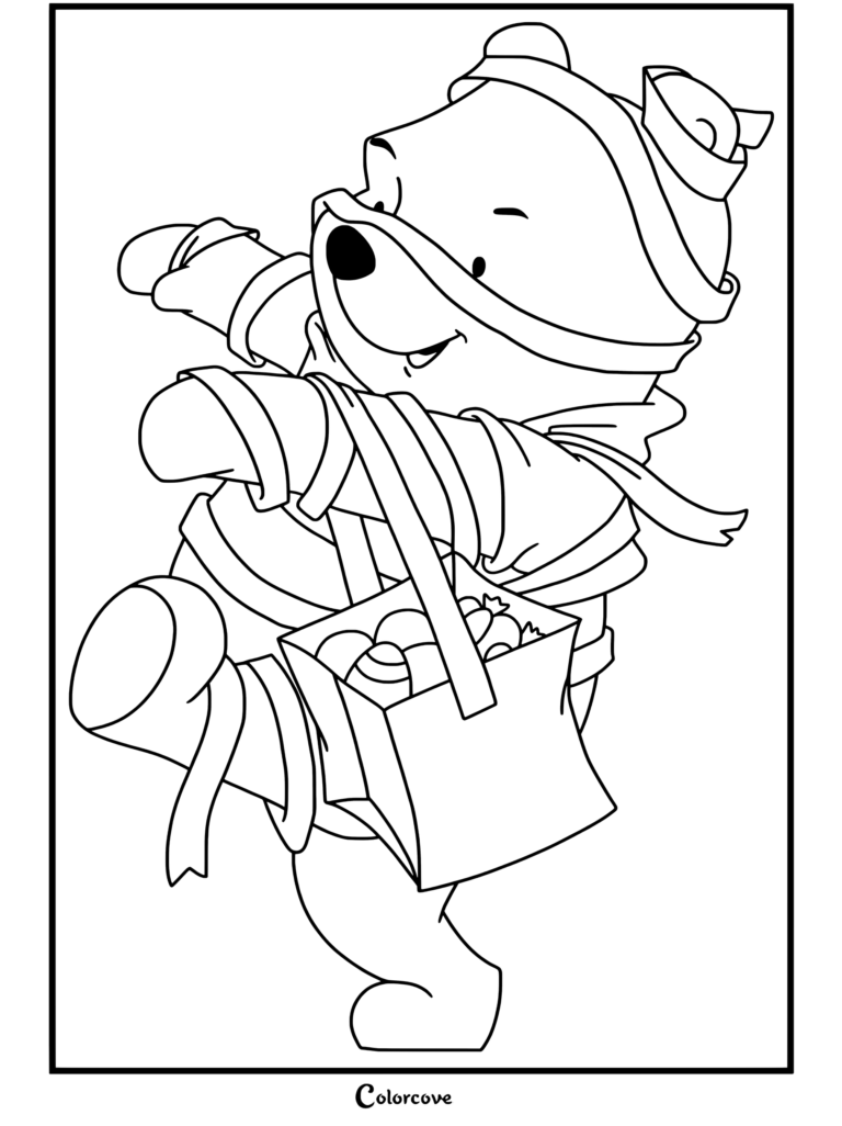 Dibujo para colorear imprimible de Winnie The Pooh envuelto en vendas blancas cargando una bolsa llena de coloridos huevos de Pascua