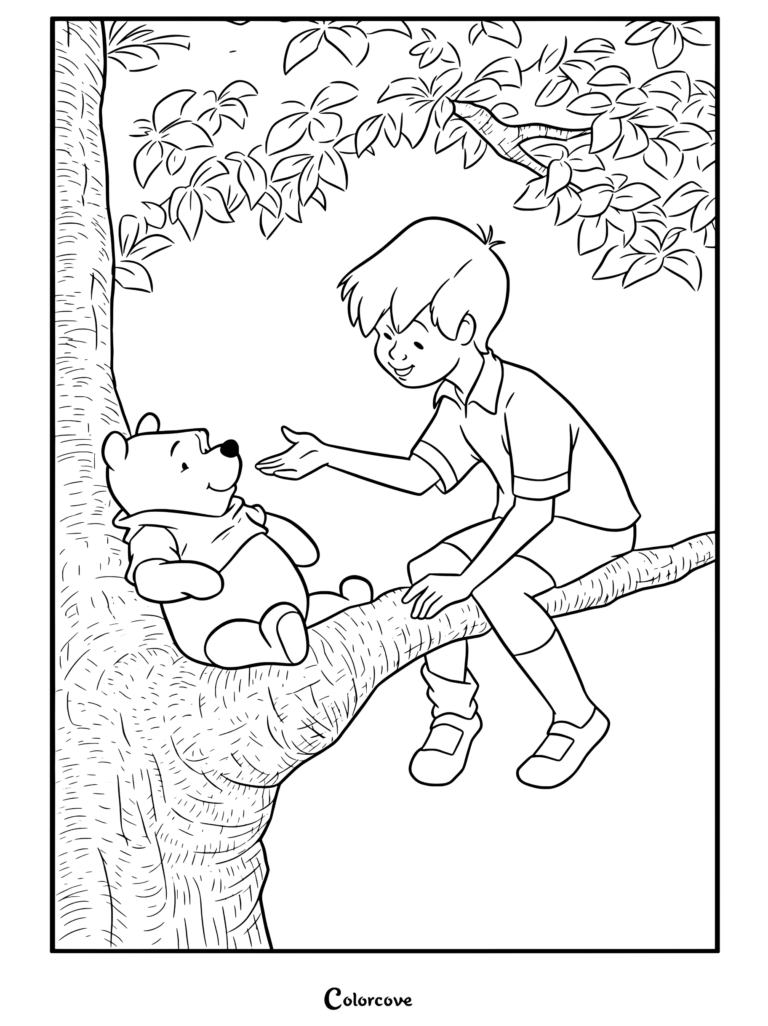 Dibujo para colorear imprimible de Christopher Robin sentado en la rama de un árbol hablando con Winnie The Pooh en un entorno de bosque.