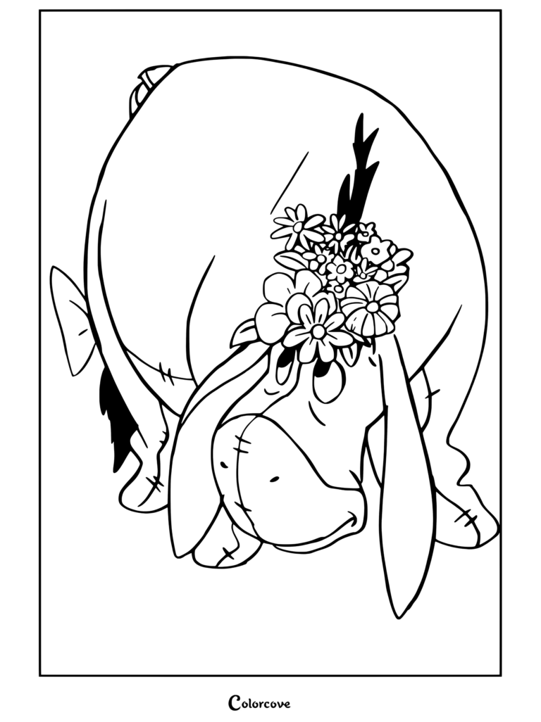 Dibujo para colorear imprimible de Igor luciendo triste y abatido con flores coloridas en la cabeza y un lazo rosa en la espalda, hecho a partir de Winnie The Pooh.