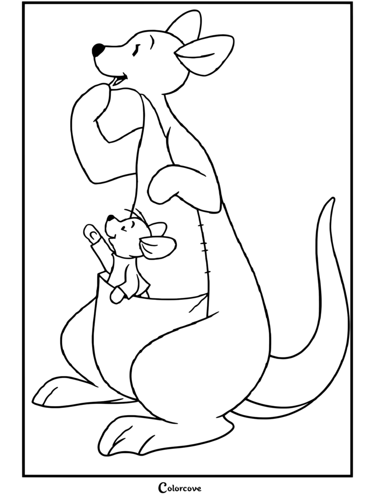 Dibujo para colorear de Winnie The Pooh con Kanga y Rito de pie juntos con Rito en su bolsa.