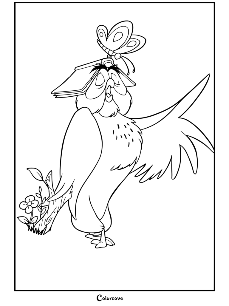 Búho de Winnie The Pooh con un libro en la cabeza y una mariposa cantando, dibujo para colorear para niños