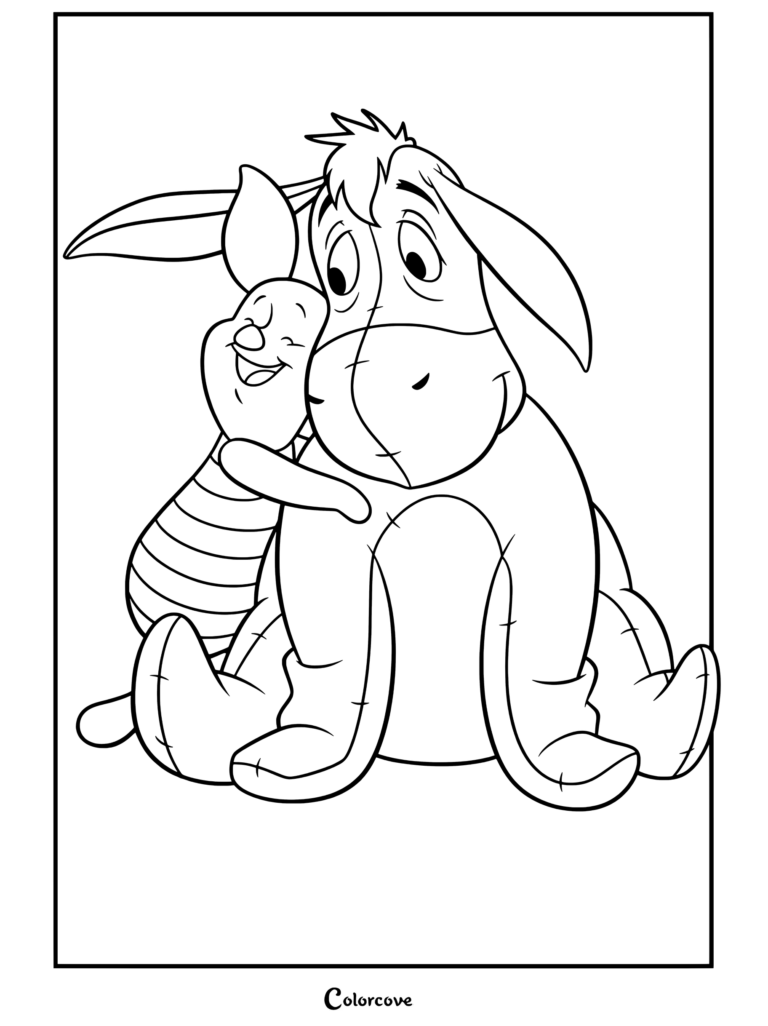Dibujo para colorear de Piglet abrazando a un Igor triste, con los personajes de Winnie The Pooh.