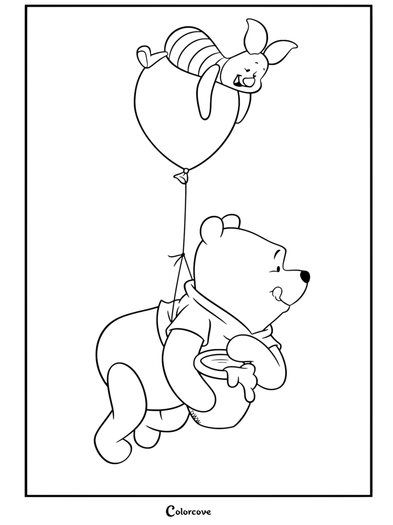Pooh y Piglet volando con un globo, dibujo para colorear para los fanáticos de Winnie The Pooh