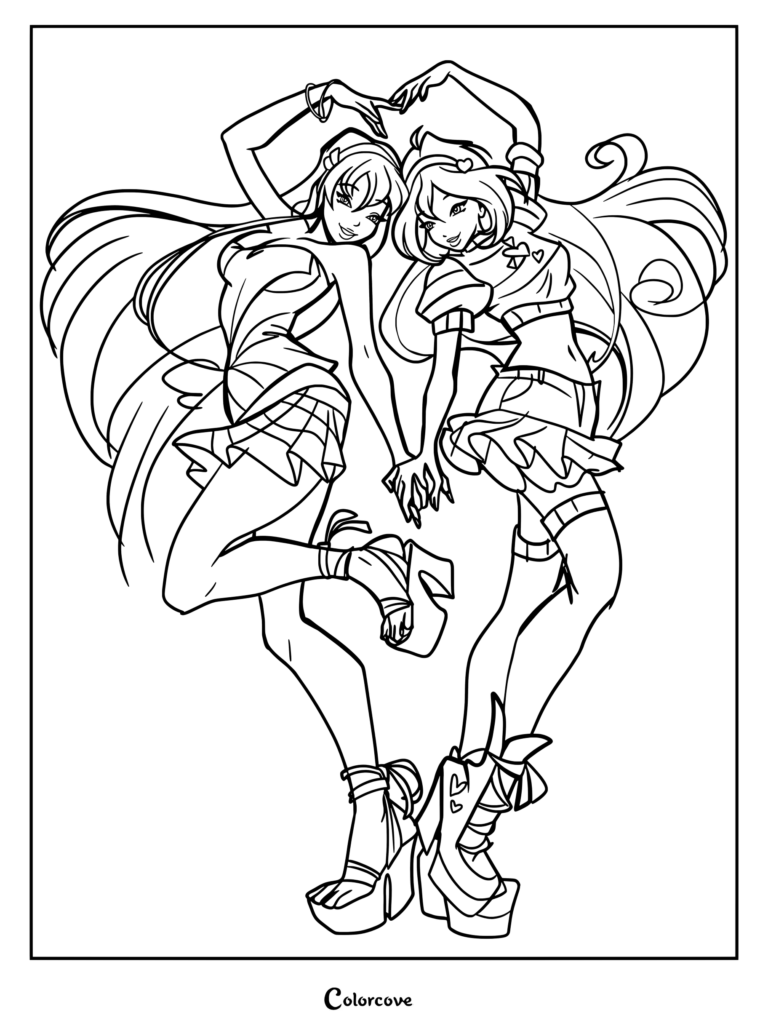 Página para colorear imprimible donde un personaje de Winx Club a la izquierda y Bloom a la derecha posan juntas formando un corazón con sus manos