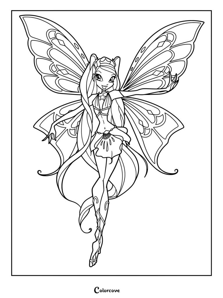 Dibujo para colorear de Stella de Winx Club en su forma Enchantix con icónicos elementos mágicos