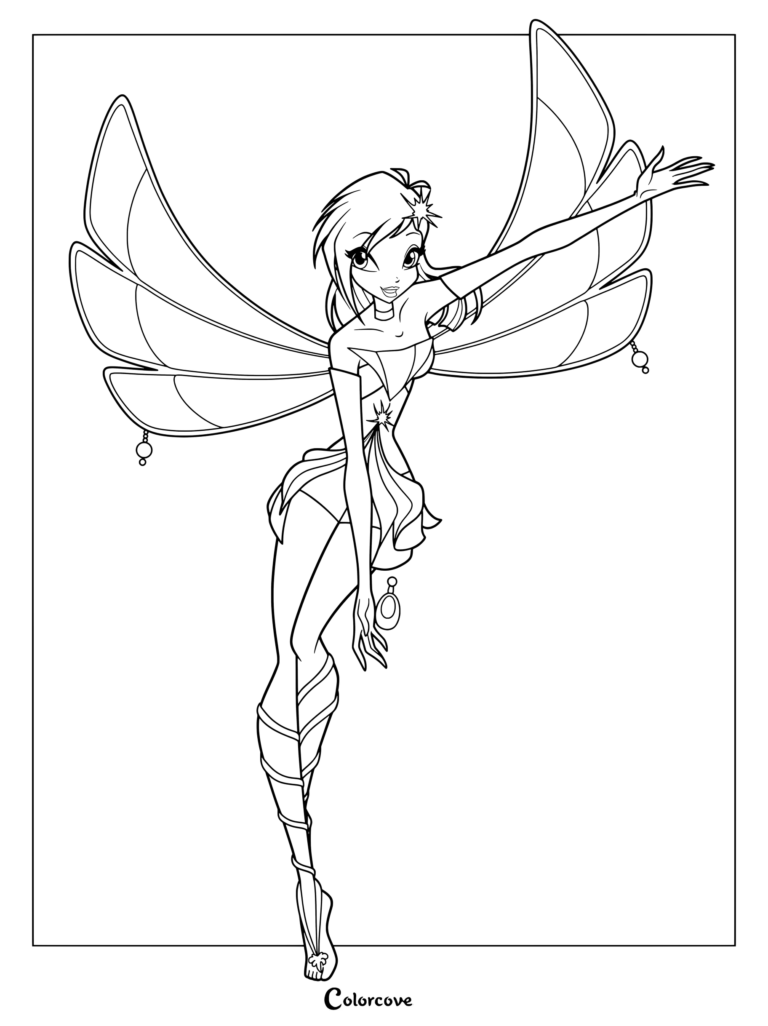 Dibujo para colorear que muestra a Tecna de Winx Club en su icónica forma de transformación Enchantix