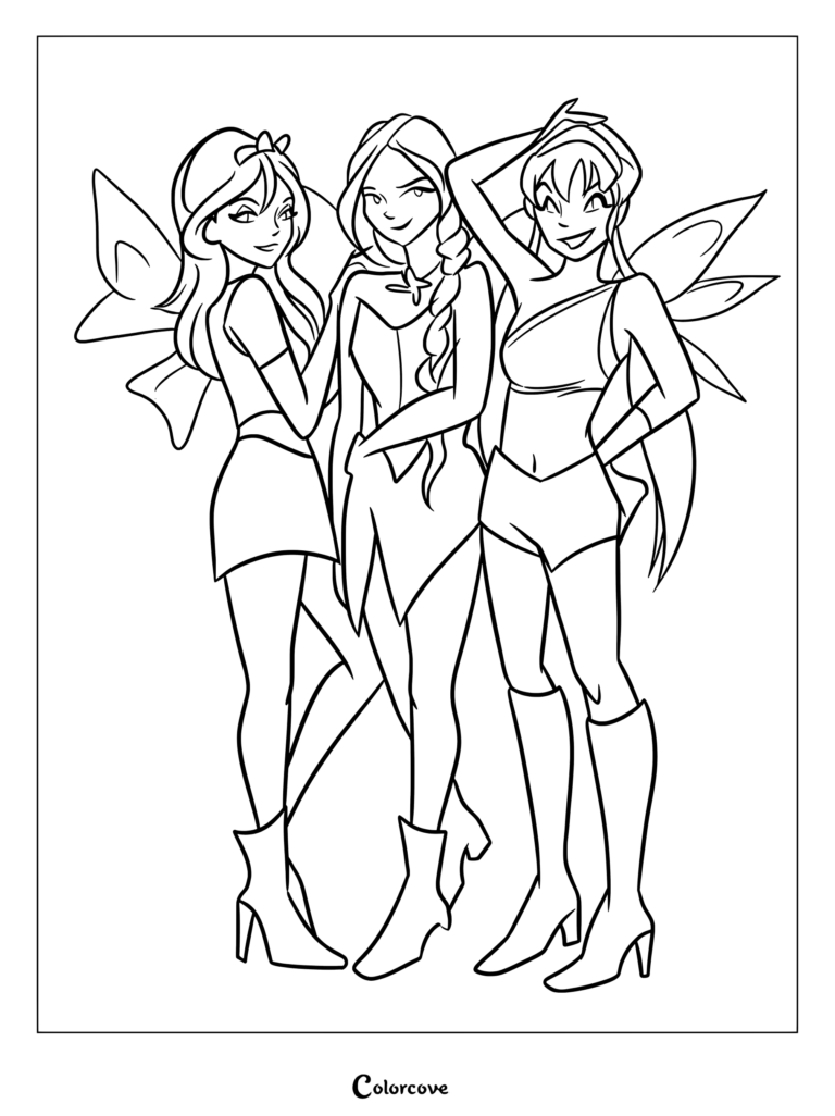 Ilustración de fan art estilizada para colorear de tres hadas de Winx Club, Bloom, Flora y Stella, inspirada en sus estilos casuales o Magic Winx