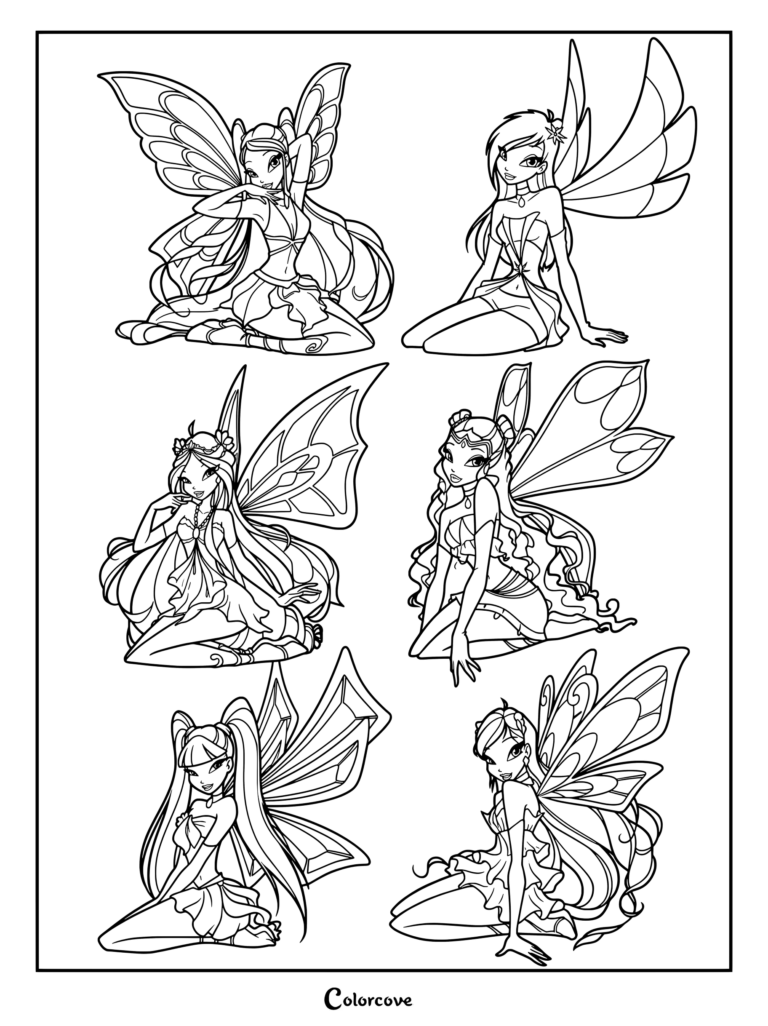 Las seis integrantes principales de Winx Club representadas en su icónica transformación de hada Enchantix, listas para divertirse coloreando