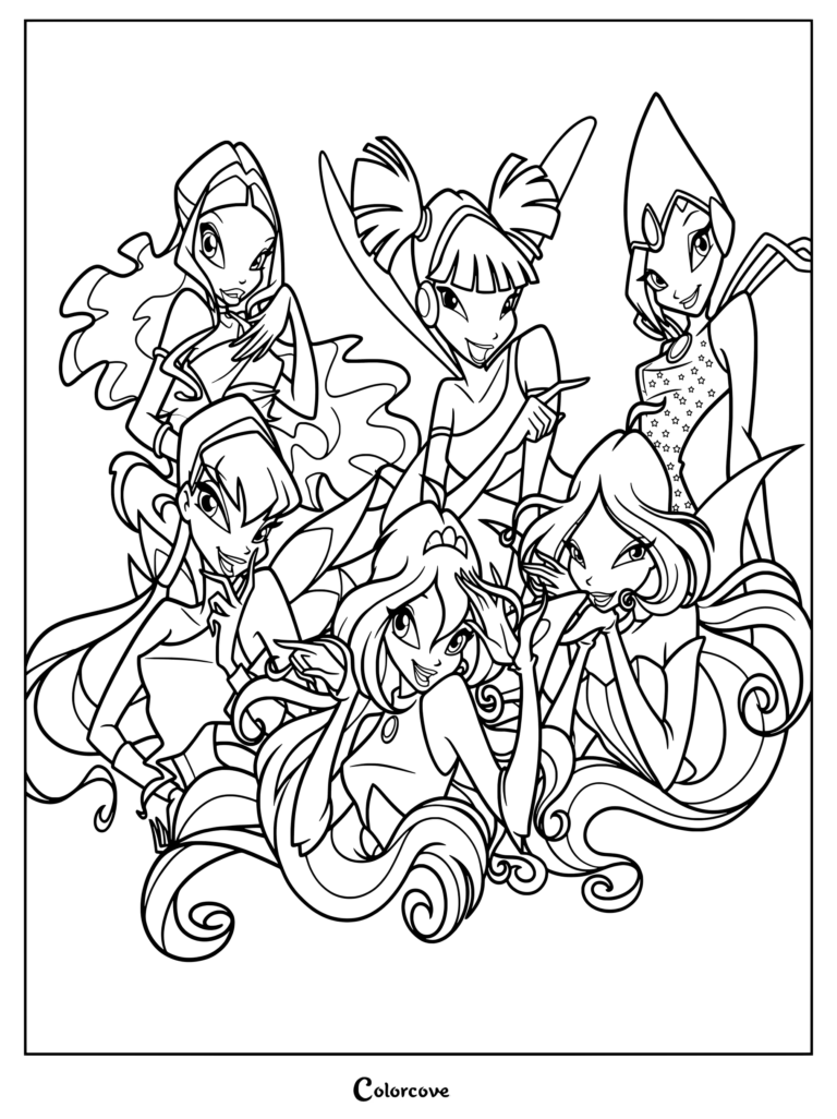 Página para colorear con las integrantes principales del equipo de hadas mágicas de la serie animada Winx Club en sus clásicos trajes de transformación Magic Winx Charmix
