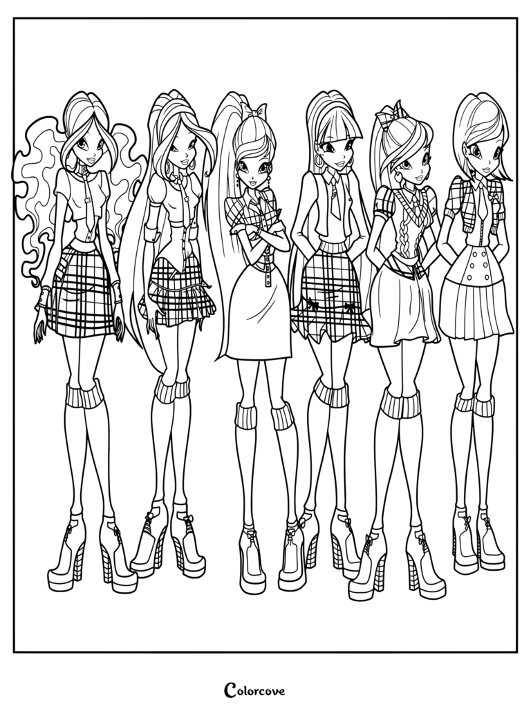 Página para colorear imprimible de las seis protagonistas de Winx Club, incluyendo a Aisha, Flora, Stella, Musa, Bloom y Tecna con ropa de civil de colegio de la Temporada 6