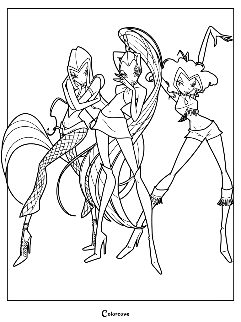Página para colorear imprimible del trío de brujas Las Trix (Darcy, Icy y Stormy) de Winx Club con atuendos casuales de las primeras temporadas
