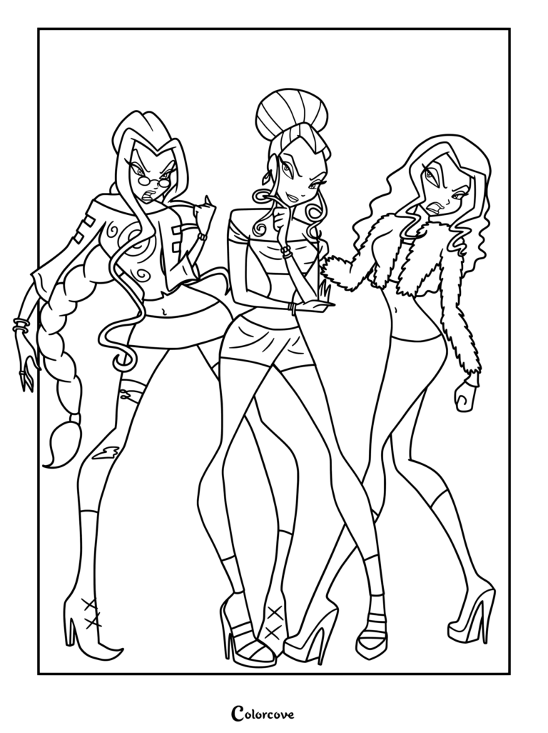 Página para colorear de Las Trix de Winx Club con Darcy, Icy y Stormy en sus trajes casuales de civil de la Temporada 1