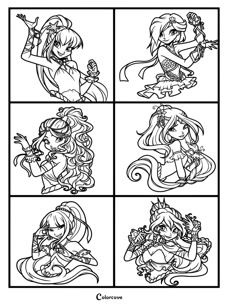 Página para colorear de fan art con las hadas principales de Winx Club, Stella, al estilo Roxy/Layla, Aisha, Flora, Musa y Bloom en glamurosos trajes estilizados