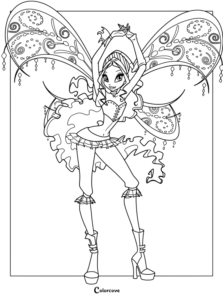 Dibujo para colorear de Aisha de Winx Club con su atuendo de transformación Believix de la Temporada 4