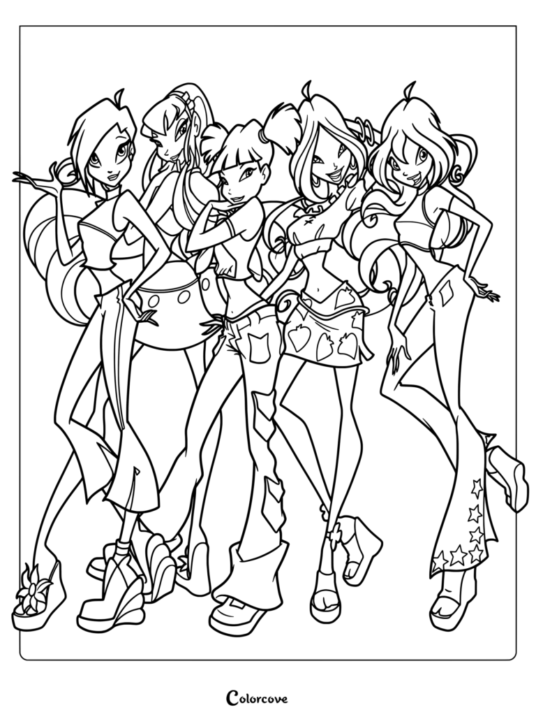 Página para colorear de Tecna, Stella, Musa, Flora y Bloom con ropa casual de la Temporada 1